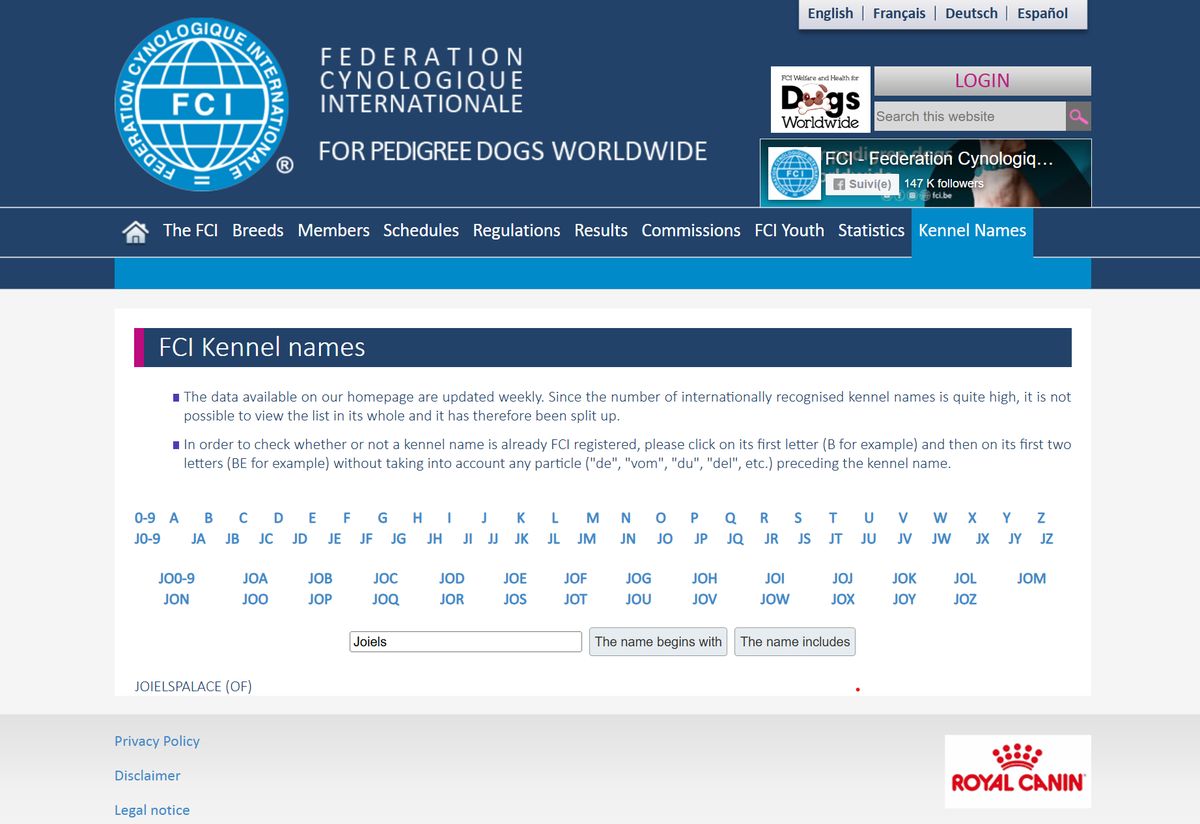 Screenshot der FCI-Datenbank mit dem registrierten Zwingernamen Joiel’s Palace