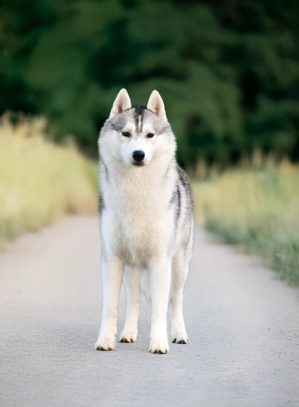 Deckrüde Mysterious Moon Highlights In My Heart, ein Siberian Husky, steht auf einem Weg
