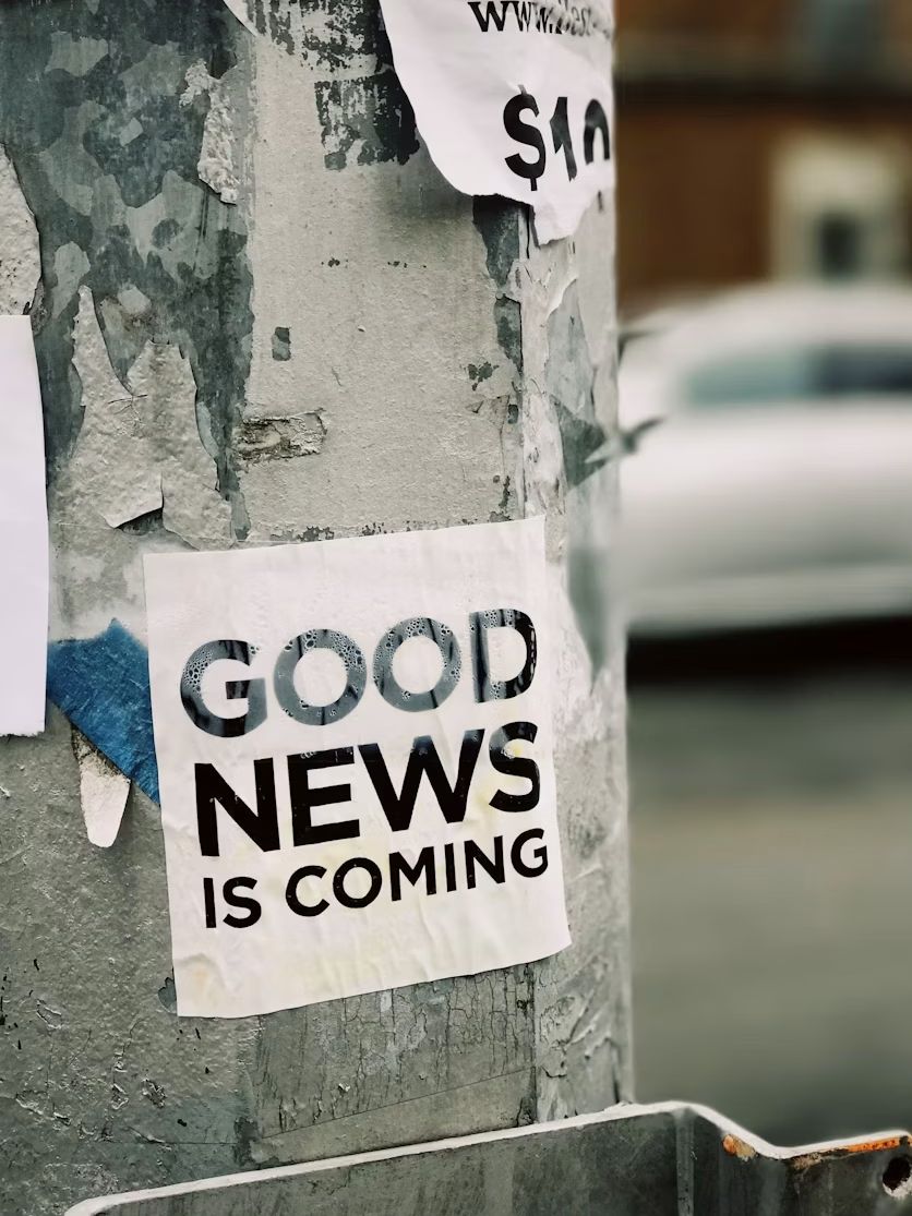 Plakat mit der Aufschrift „Good news is coming“ als Platzhalter für den Deckrüden